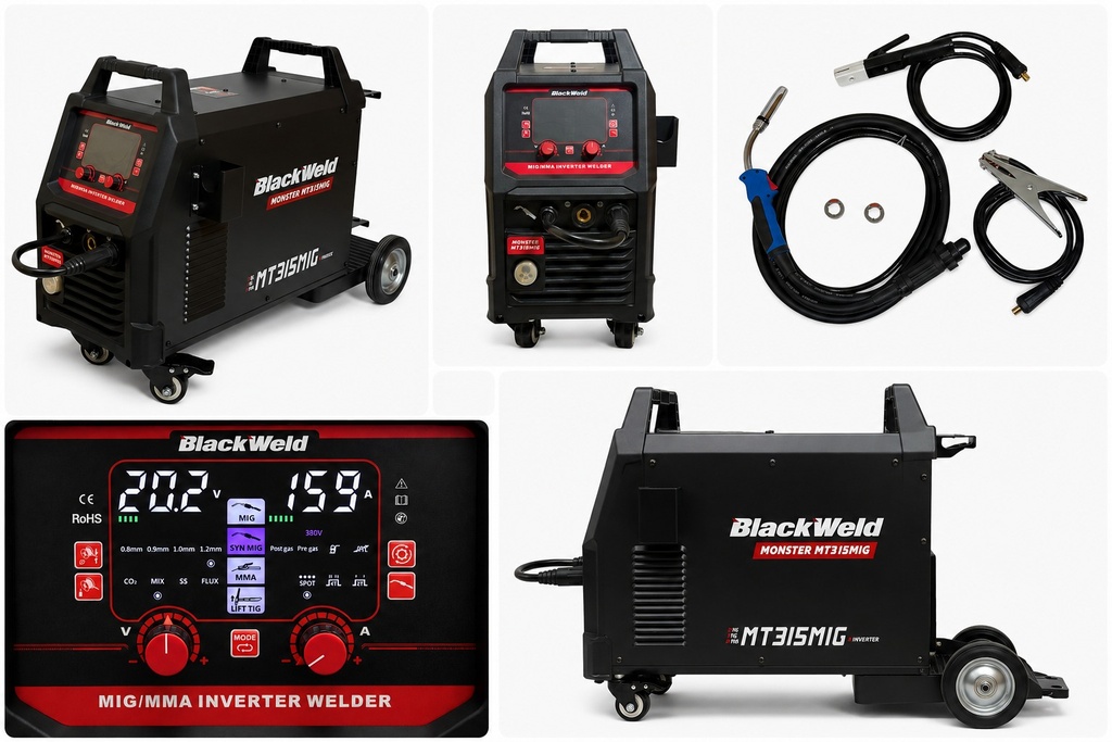 Soldadora Multiproceso MONSTER MT315MIG /315 Amp. 380Volt. Incluye: Pistola BZ36.Kit Porta Elect.Kit Pinza T/Tierra.Manguera de Gas.2 Cadenas.2 Rodillos (1.0v/1.2v).Manual. 1año gtia (MT315MIG)