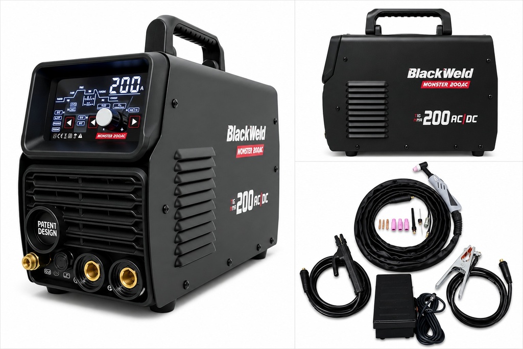 Soldadora TIG AC/DC - MONSTER200AC-E con Panel LED/ 200AMP/220Volt.Incluye: Pist WP26+ Kit de Insumos-Kit Prensa T/ Tierra y Kit Porta Elect.Pedal TIG.Catalogo.Garantia1 Año en Nuet Ser Tec(MT