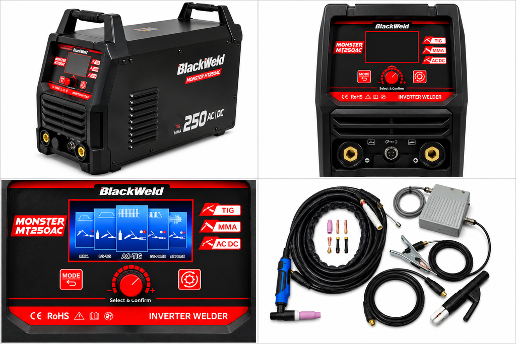 Soldadora TIG AC/DC MONSTER MT250AC / 250AMP/3800Volt. Incluye: Pist WP18+ Kit de Insumos-Kit Prensa T/ Tierra y Kit Porta Elect. Pedal TIG. Manual. Garantia1 Año (MT250AC)