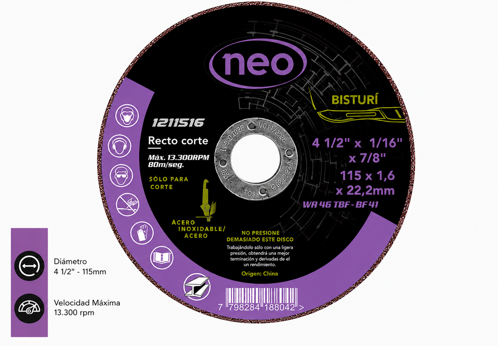 Disco corte 4 1/2" x 1,6mm metal/inox