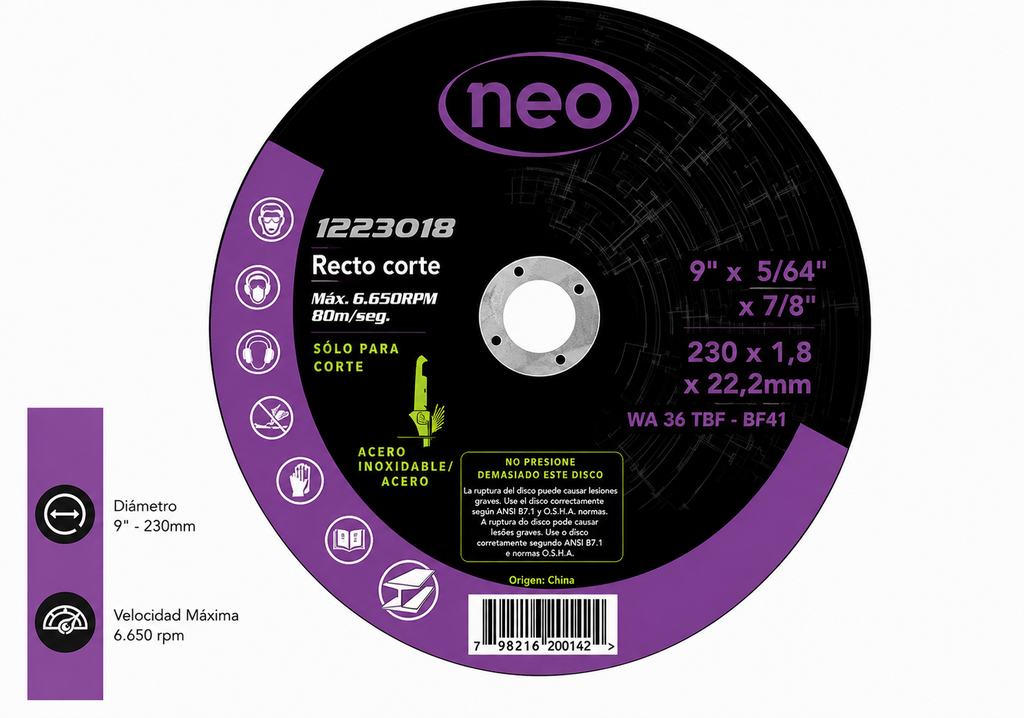 Disco Corte 9" x 1.8mm metal/inox
