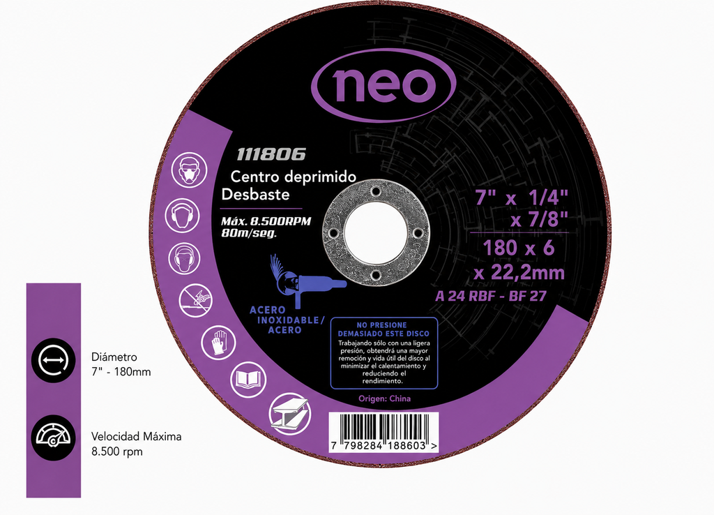 Disco desbaste 7" x 6 x 22.2mm metal